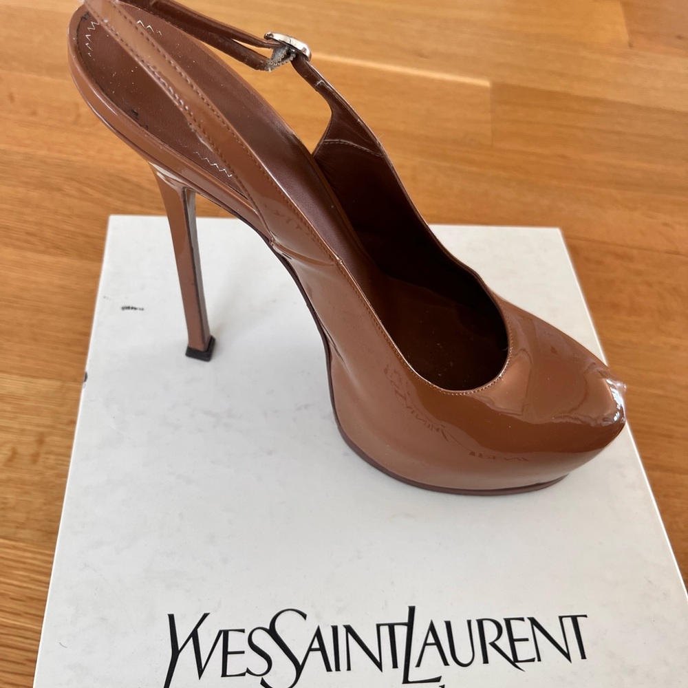 Yves Saint Laurent Tan Slingback Stiletto Heels with Platform - Tribtoo 105 - 41 - Picture 2 of 6